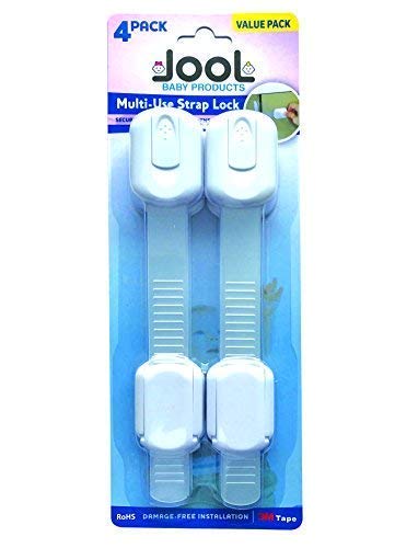 Child Safety Strap Locks (4 Pack) for Fridge, Cabinets, Drawers, Dishwasher, Toilet, 3M Adhesive No Drilling - Jool Baby - Image 3