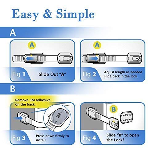 Child Safety Strap Locks (4 Pack) for Fridge, Cabinets, Drawers, Dishwasher, Toilet, 3M Adhesive No Drilling - Jool Baby - Image 6